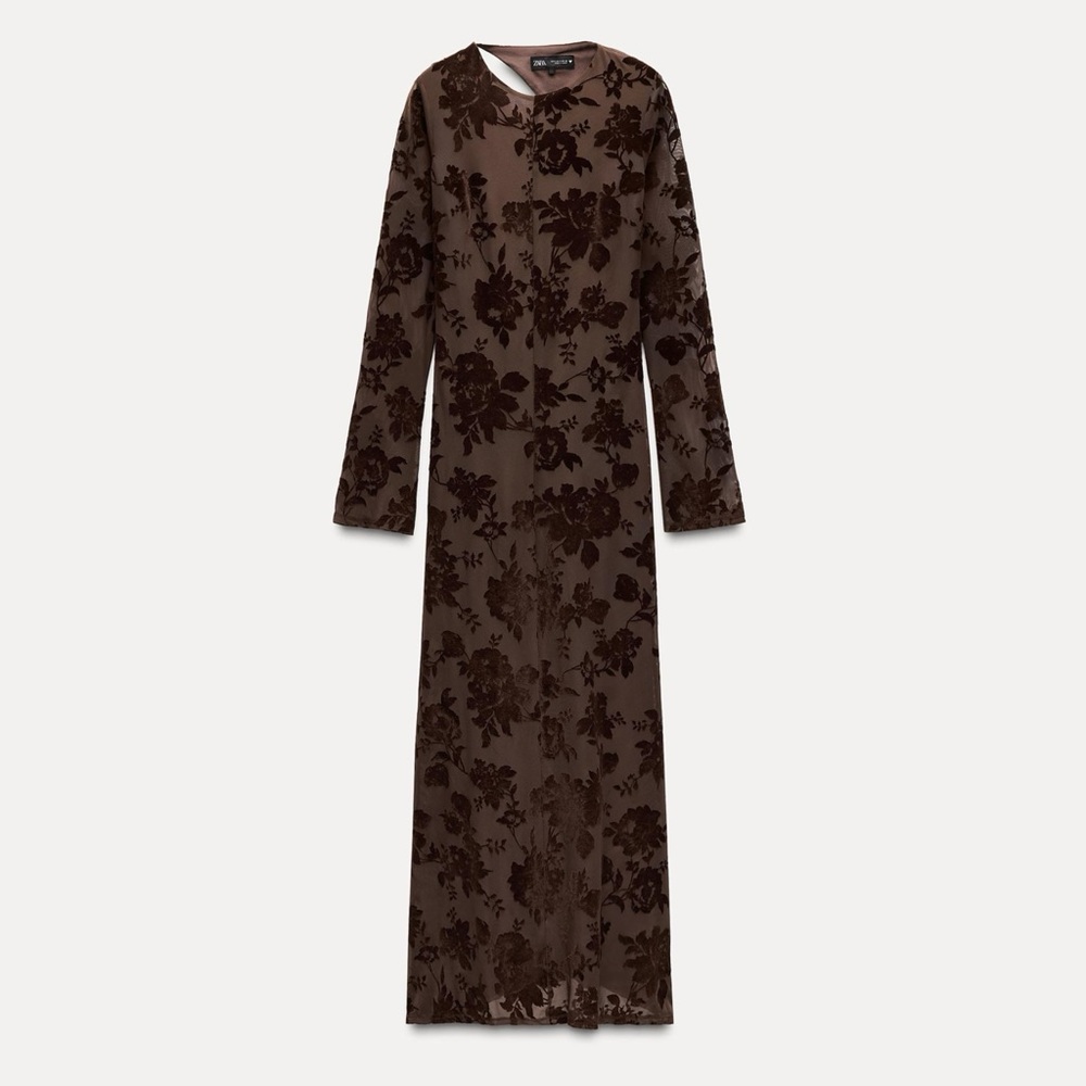 ZARA Long Floral Flocked Tulle Maxi Dress Open Back In Mink - Picture 11 of 13